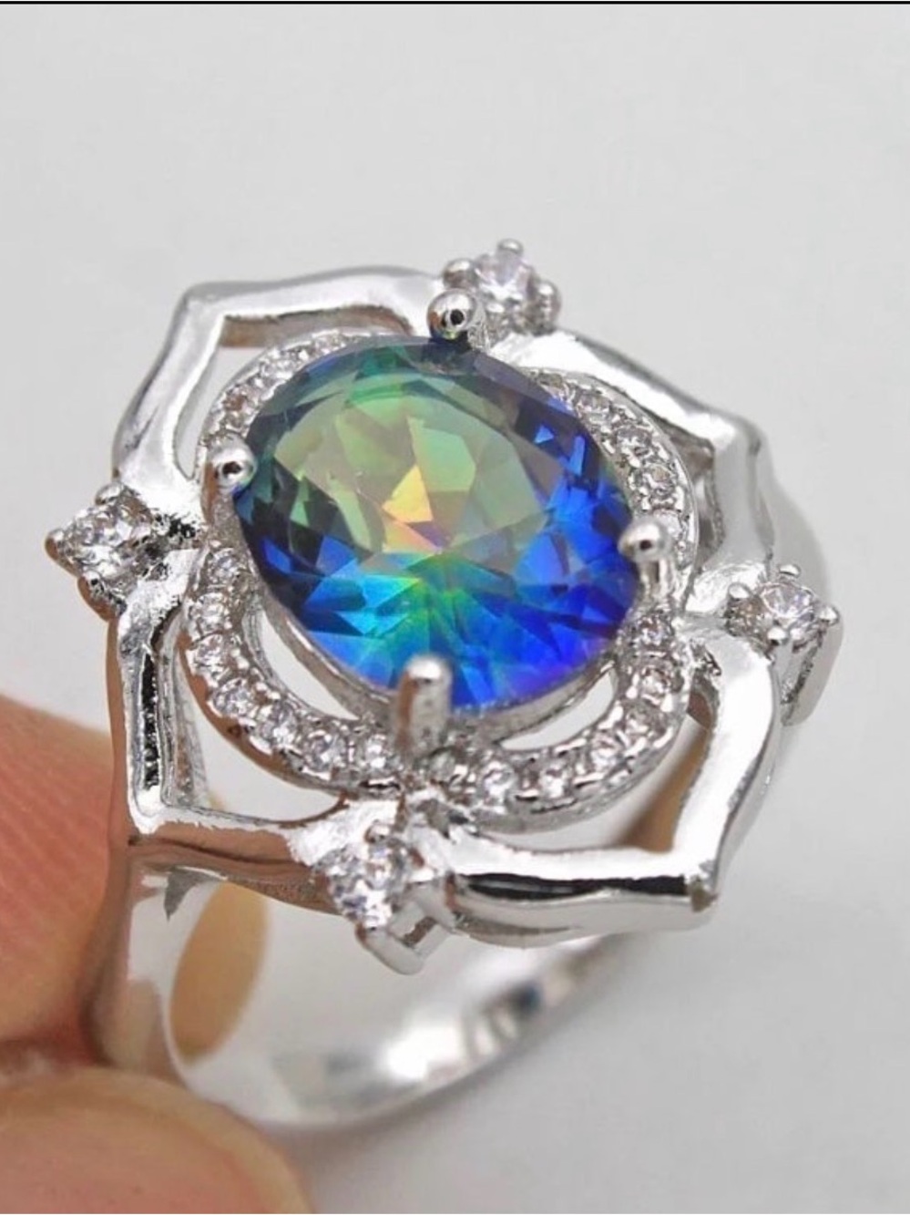 18K White Gold 8CT Blue Mystic Rainbow Topaz Diamond Ring - Picture 2 of 8